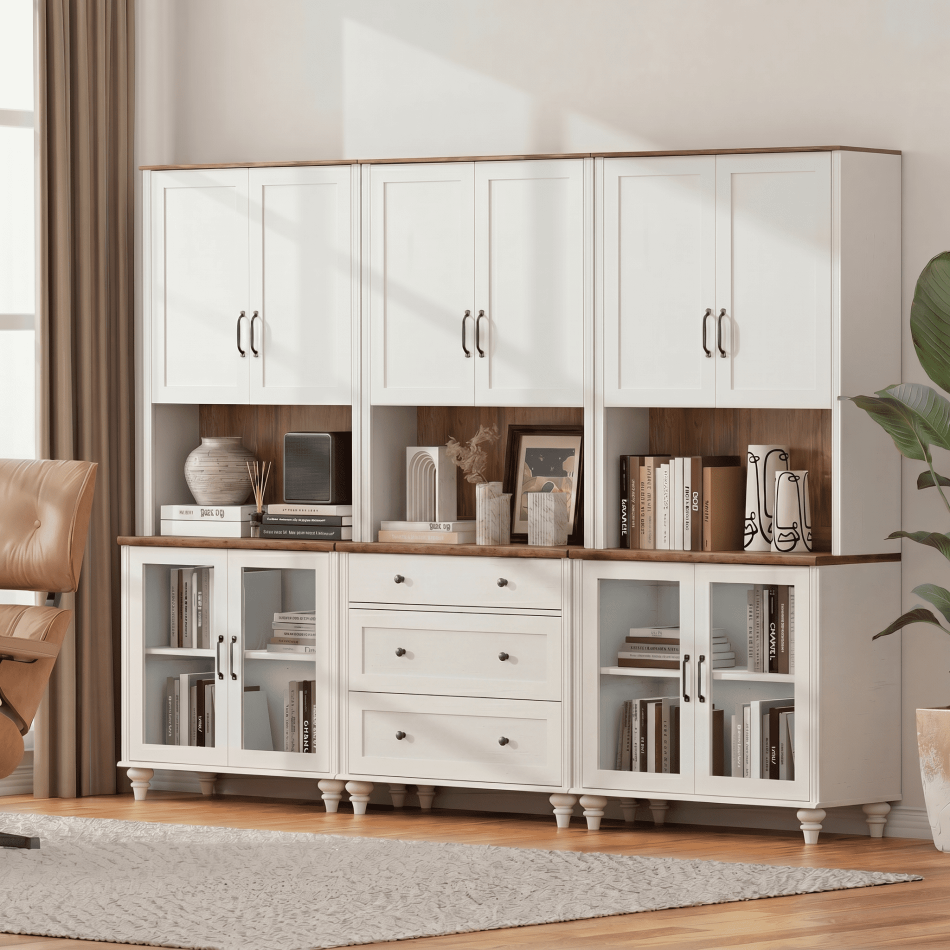 Sideboard Buffet Cabinet with Storages, Large Bookcase with Glass Doors, Bookshelf with Ample Storage Cabinets, Farmhouse Bookshelves for Living Room, Office, Study Room, White, 72" H