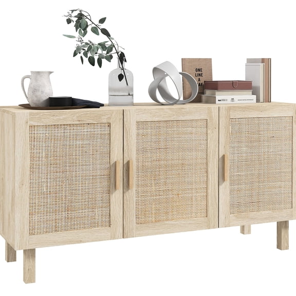 Sideboard Buffet Cabinet | Store Utensils, Dry Goods and More | Featuring Woven Rattan Wicker Doors | Ensure Safety with Anti-tipping Strap