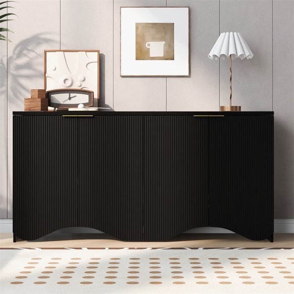 Sideboard Buffet Cabinet With 4 Doors Modern Kitchen Storage Cabinet With Vertical Stripes Wavy Bottom Design Adjustable Shelves