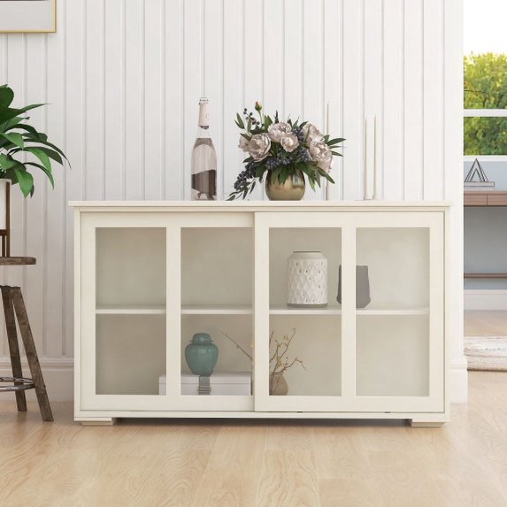 41" Sideboard Cabinet, Wood Kitchen Cupboard with 2 Sliding Glass Doors, Adjustable Shelf, Modern Display Storage Cabinet for Living Room, Hallway