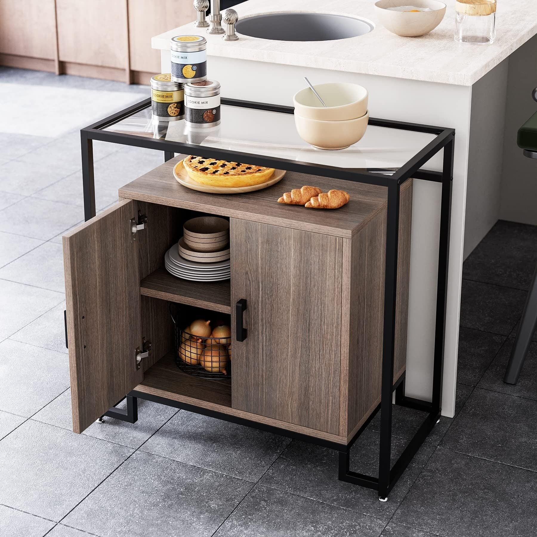Light Brown Steel and Glass Sideboard Buffet Cabinet with 2 Doors