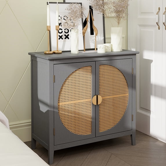 Sideboard Buffet Cabinet with 2 Rattan Doors, Freestanding Wood Accent Storage Cabinet Console Table