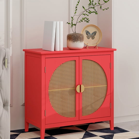 Sideboard Buffet Cabinet with 2 Rattan Doors, Freestanding Wood Accent Storage Cabinet Console Table