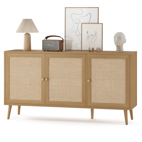 Sideboard Buffet Cabinet with 3 Rattan Doors,Modern Kitchen Storage Console Cabinet for Entryway Living Room (Large,Natural)