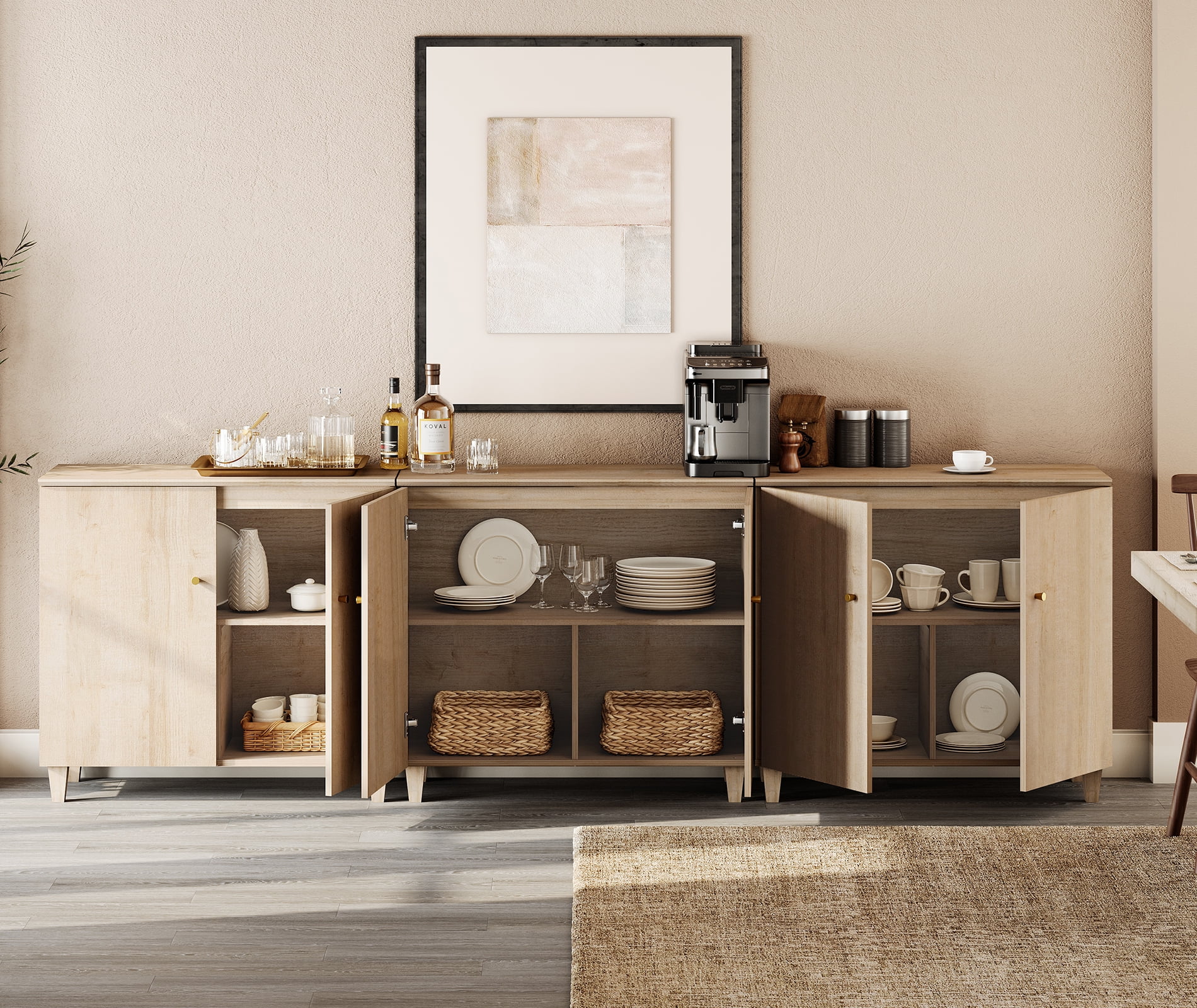 Sideboard Buffet Cabinet with 9 Compartments, 106" Wide, Light Oak Wood Finish