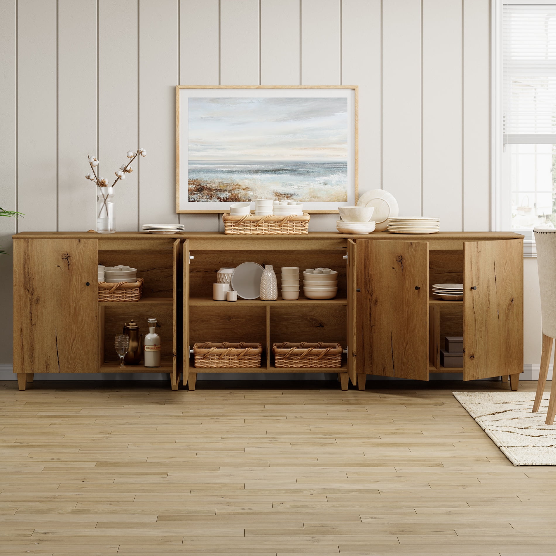 Sideboard Buffet Cabinet with 9 Compartments, 106" Wide, Oak Brown Wood Finish