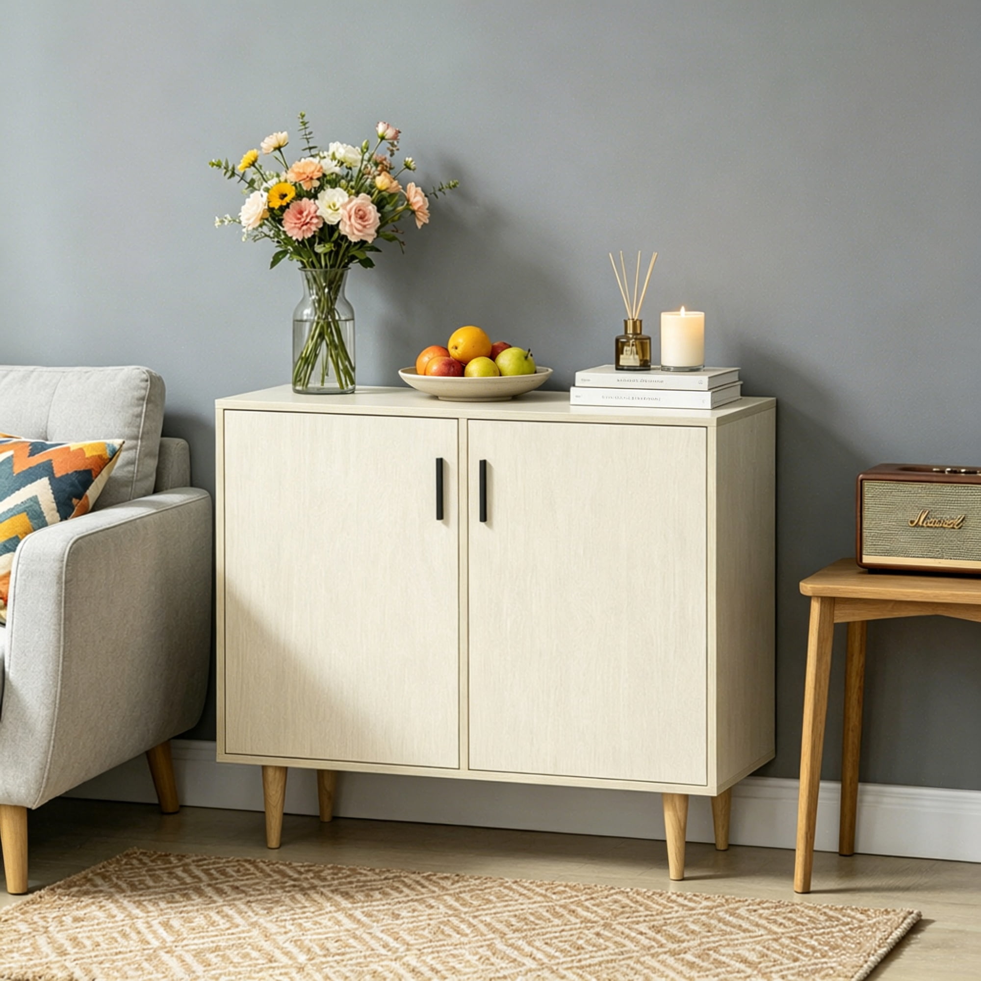 Sideboard Buffet Cabinet with Double Doors Adjustable Shelves And Wood Legs for Kitchen Living Room, Natural Wood