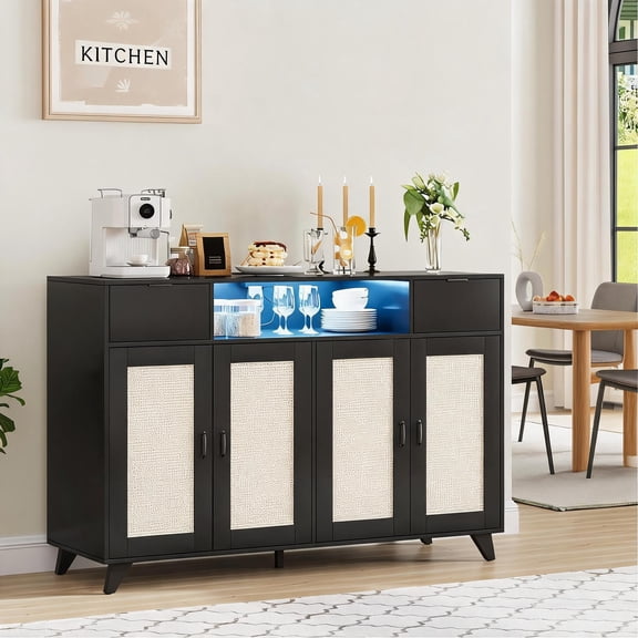 Sideboard Buffet Cabinet with Rattan Design, 4 Doors, 2 Drawers, LED Lights, Power Outlet, Adjustable Shelves