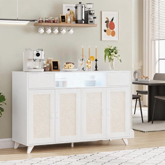 Sideboard Buffet Cabinet with Rattan Design, 4 Doors, 2 Drawers, LED Lights, Power Outlet, Adjustable Shelves