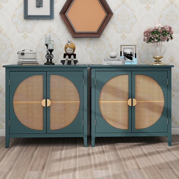 Sideboard Buffet Cabinet with Rattan Doors Free Standing Accent Storage Cabinet for Kitchen Dining Room Living Room Hallway, Green