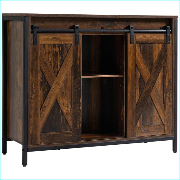 Sideboard Buffet Cabinet with Sliding Barn Doors, Adjustable Shelves  Rustic Brown Industrial Farmhouse Style | MDF+Steel