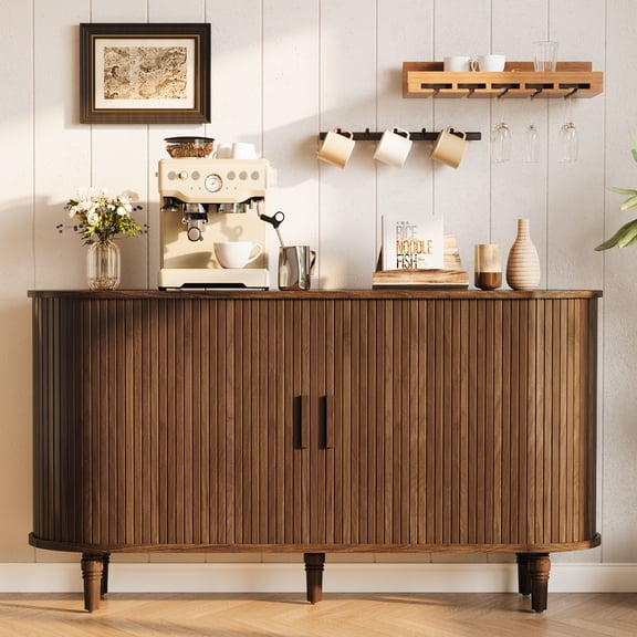 Sideboard Buffet Cabinet with Silding Doors, Accent 55" Storage Cabinet with Adjutable Shelf for Kitchen, Living Room, Walnut Brown