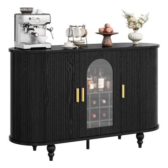 Sideboard Buffet Cabinet with Wine Rack – Curved Design, Sliding Doors & 12-Bottle Storage – 55.12" W x 15.75" D x 36.38" H – Dining Room – Black