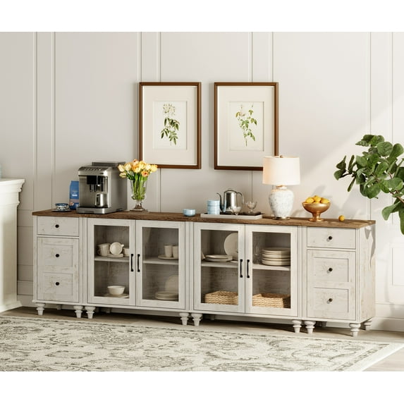 Sideboard Buffet Cabinets with 4-Glass Doors, Kitchen Storage Cabinets with a Charging Station, Wooden Coffee Bar Table with an Adjustable Shelf & 2 Drawers for Dining Room, Living Room, Rustic White