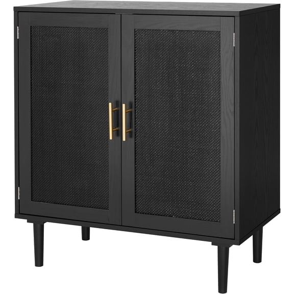 Sideboard Buffet Kitchen Storage Cabinet with Black Painted Rattan Decorated Doors, Dining Room, Hallway, Cupboard Console Table, Liquor/Accent Cabinet, 31.5X 15.8X 34.6 Inches, Black