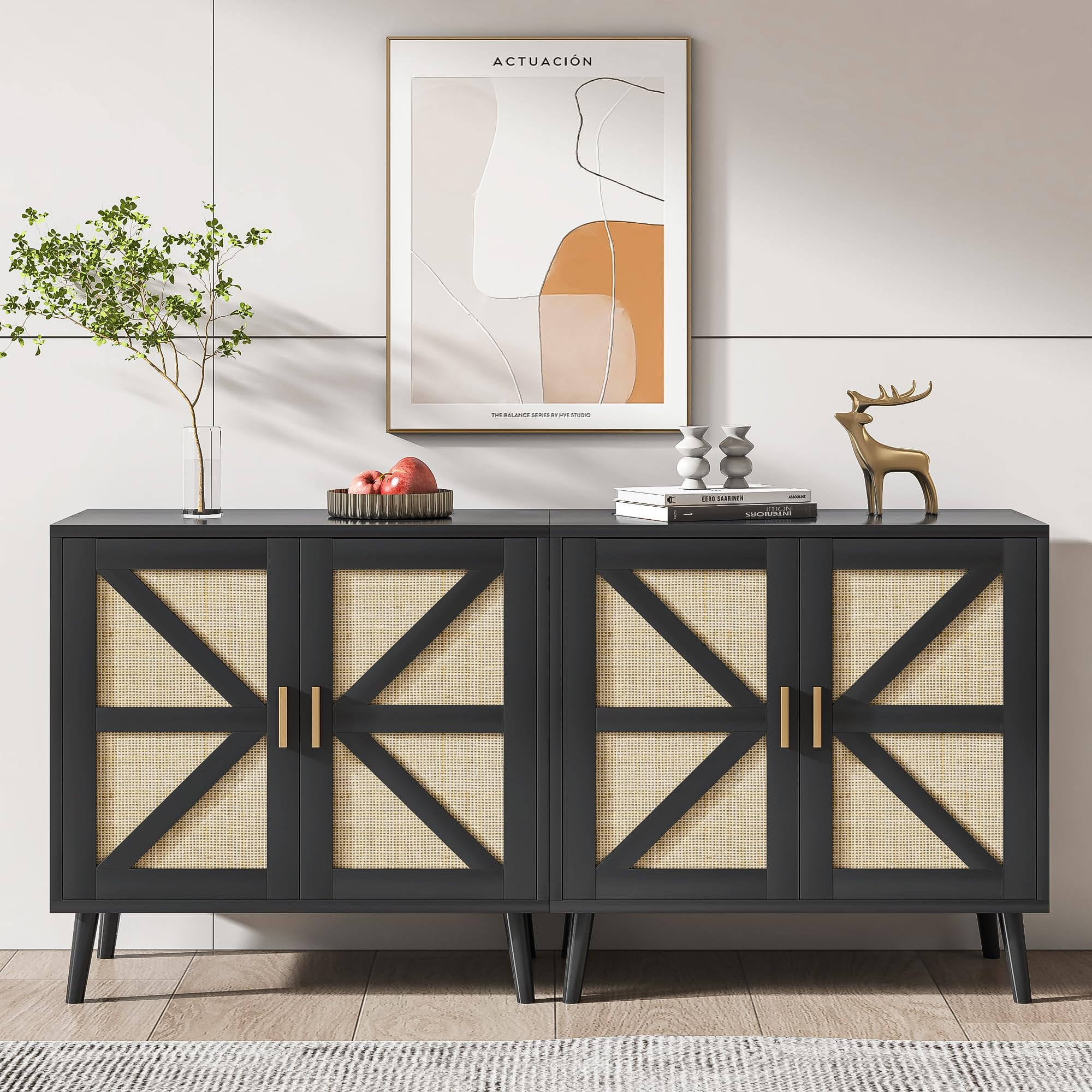 Sideboard Buffet Kitchen Storage Cabinet With Rattan Decorated Doors ...