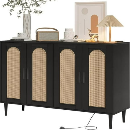Sideboard Buffet Rattan Cabinet, Accent Storage Cabinet, Boho Large Kitchen Storage Cabinet with Power Outlet, Adjustable Shelves for Living Room, Hallway, Entryway