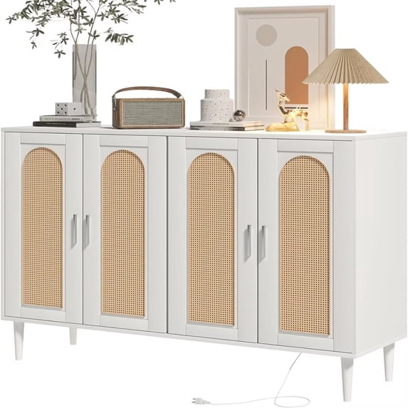 Sideboard Buffet Rattan Cabinet, Accent Storage Cabinet, Boho Large Kitchen Storage Cabinet with Power Outlet, Adjustable Shelves for Living Room, Hallway, Entryway