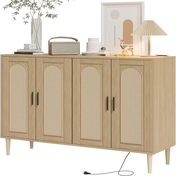 Sideboard Buffet Rattan Cabinet, Accent Storage Cabinet, Boho Large Kitchen Storage Cabinet with Power Outlet, Adjustable Shelves for Living Room, Hallway, Entryway