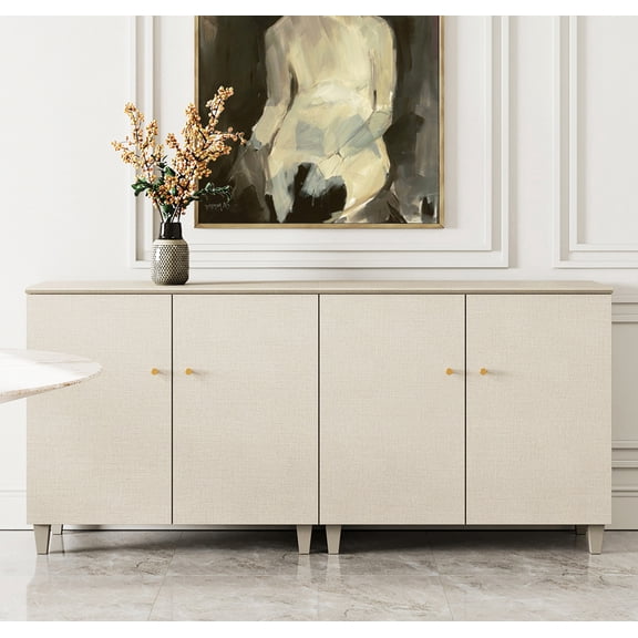 Sideboard Buffet Server Cabinets with Doors, 70.8" Kitchen Wood Coffee Bar Table, 2 -In-1 Storage Cabinets with 6 Compartments for Dining Room, Living Room, Entryway, Beige Faux Linen Textured Finish