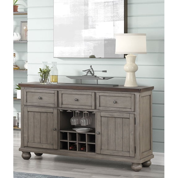 Sideboard Buffet Server with Powerpack, Solid Wood and MDF Rustic Gray Kitchen Storage Cabinet with 3 Drawers, Wine Glass and Bottle Racks for Dining Room and Living Room Area