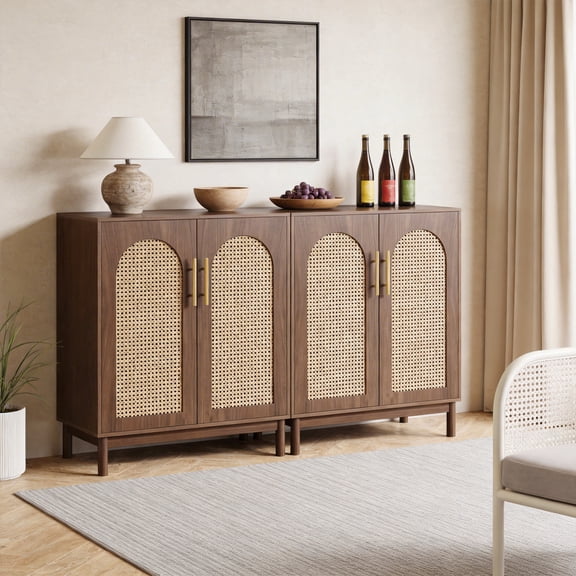 Sideboard Buffet Set of 2, Accent Rattan Storage Cabinet With Doors Walnut Finish, Multi-Functional Organizer For Home Dining Area