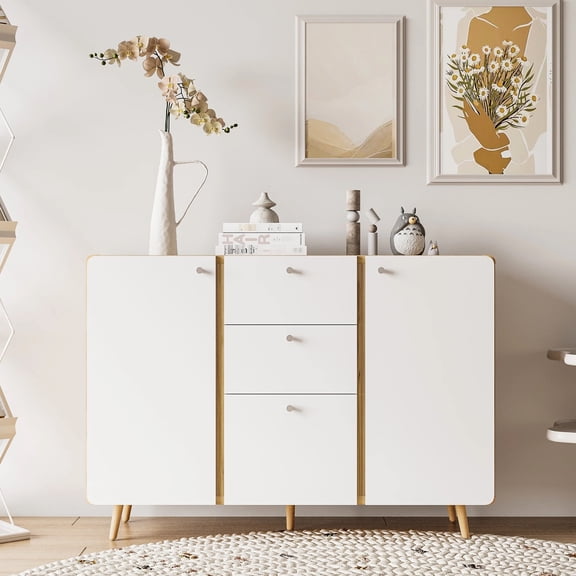 Sideboard Buffet Storage Cabinet With 3 Drawers & 2 Doors. 48.45" White For Kitchen, Hallway. Adjustable Shelves, Materials. Stores Serveware, Fine China. 80.84 Lb Weight. Fluted Design Drawers.