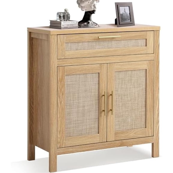 Sideboard Buffet Storage Cabinet, Rattan Accent Cabinet with Doors and Drawer, Small Boho Buffet Table with Adjustable Shelf, Entryway Cabinets for Living Room Narrow Hallway$$Furniture