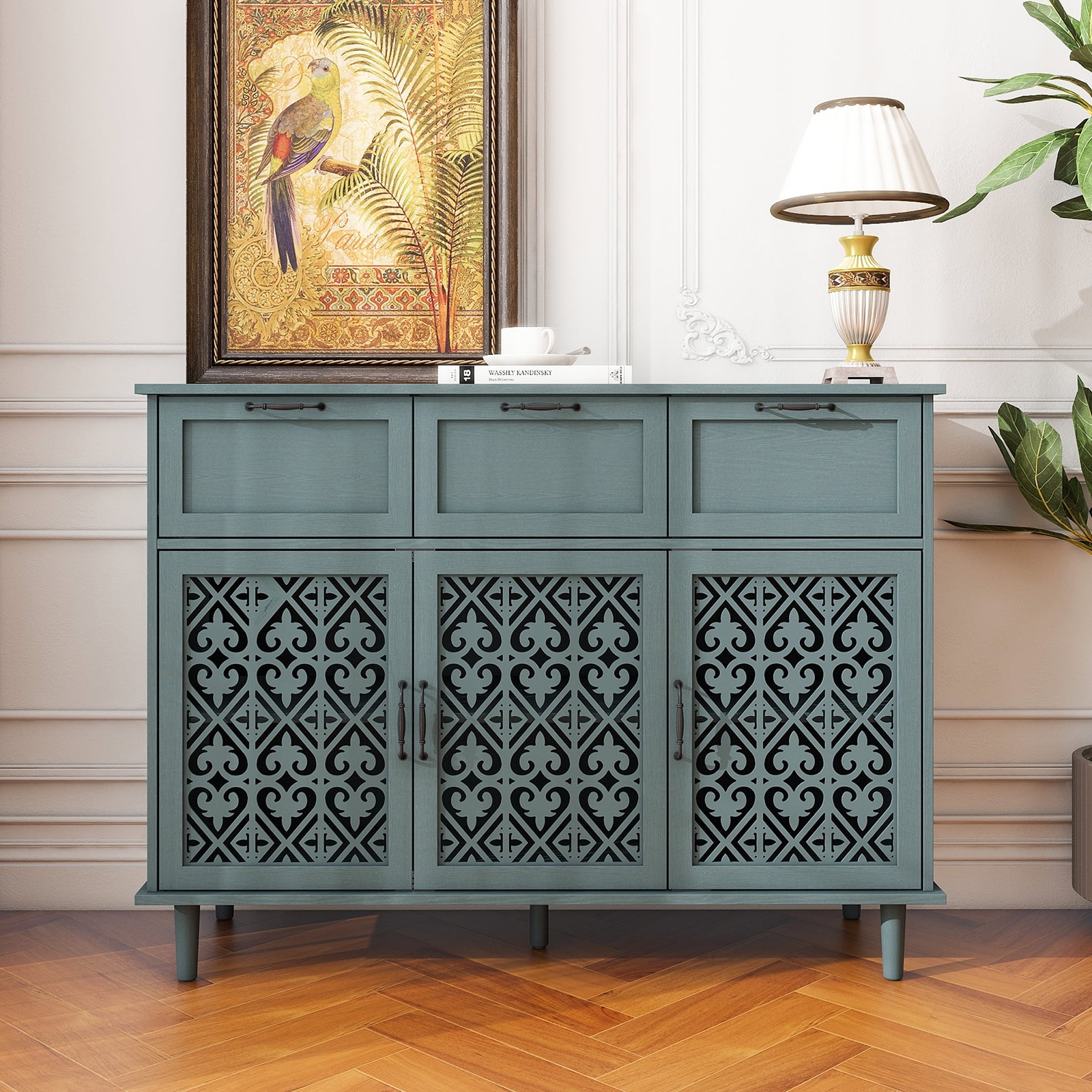 Retro Green Carved 3-Drawer 3-Door Sideboard Cabinet with Adjustable Shelves