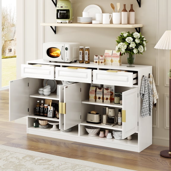 Sideboard Buffet Table, 59.1" White MDF Storage Cabinet with 3 Drawers, 4 Doors, Adjustable Shelf and Dual Open Compartments for Dining Room, Living Room and Entryway, American Style