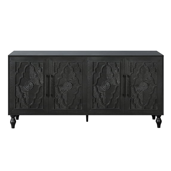 Sideboard Buffet, Wood Floor Cabinet With Carved Flower Door, Metal Handle, Freestanding Sideboard, Entryway Storage Unit Console Table