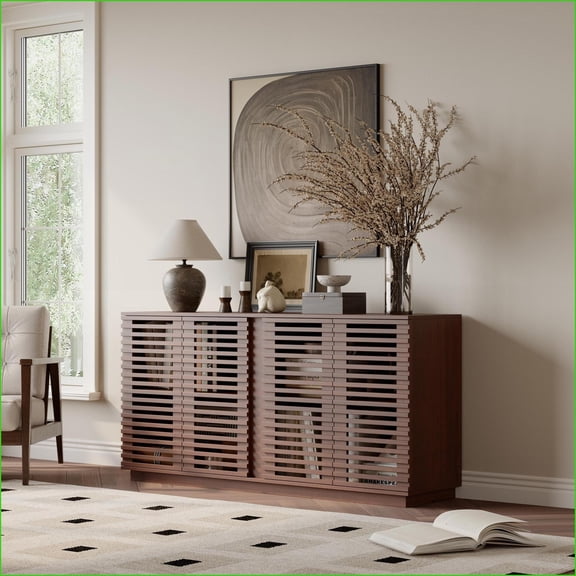 Sideboard Buffet with Solid Wood Slatted Doors, 60W x16D x30H | Modern | Shelves Included