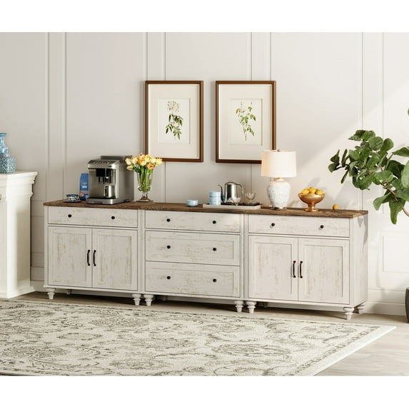 WAMPAT Sideboard Cabinet with 5 Drawers and 4 Doors, Vintage Wood Grain Design, Buffet Cabinet with Storage, Coffee Bar for Dinning Room, Kitchen & Living Room, Rustic White, 101 inch