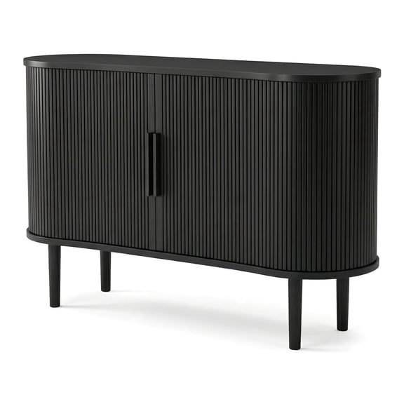Sideboard Cabinet, 54.9" Mid-Century Modern Black Credenza with Vertical Ribbed Doors & Curved Edges, 2 Cabinets & 2 Drawers, Large Storage for Dining Room Living Room