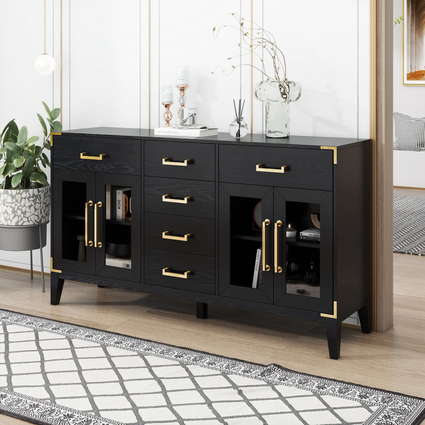 Sideboard Cabinet, 6-Drawer Cupboard Buffet Organizer with Gold Handles ...