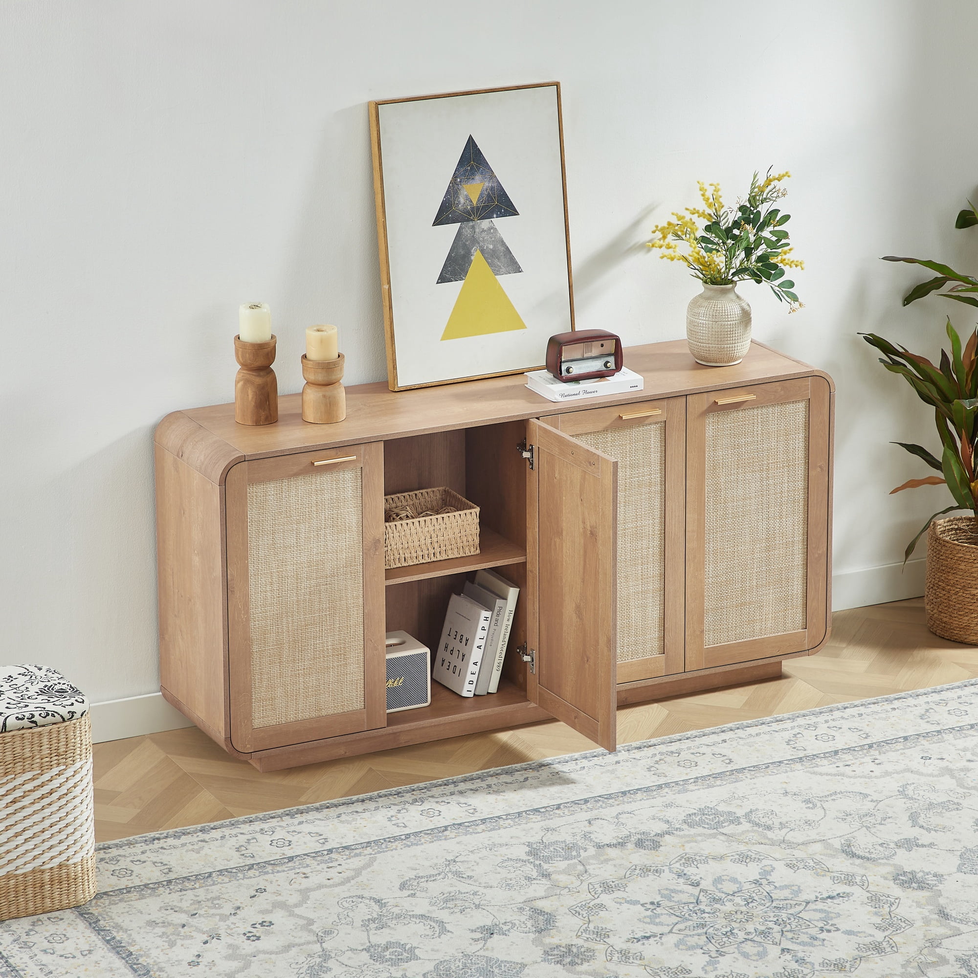 Sideboard Cabinet 64.6 Inch, Rattan Storage Buffet Cabinet with 4 Doors and Metal Handles, Woven Wood Storage for Living Room and Dining Room, Caramel