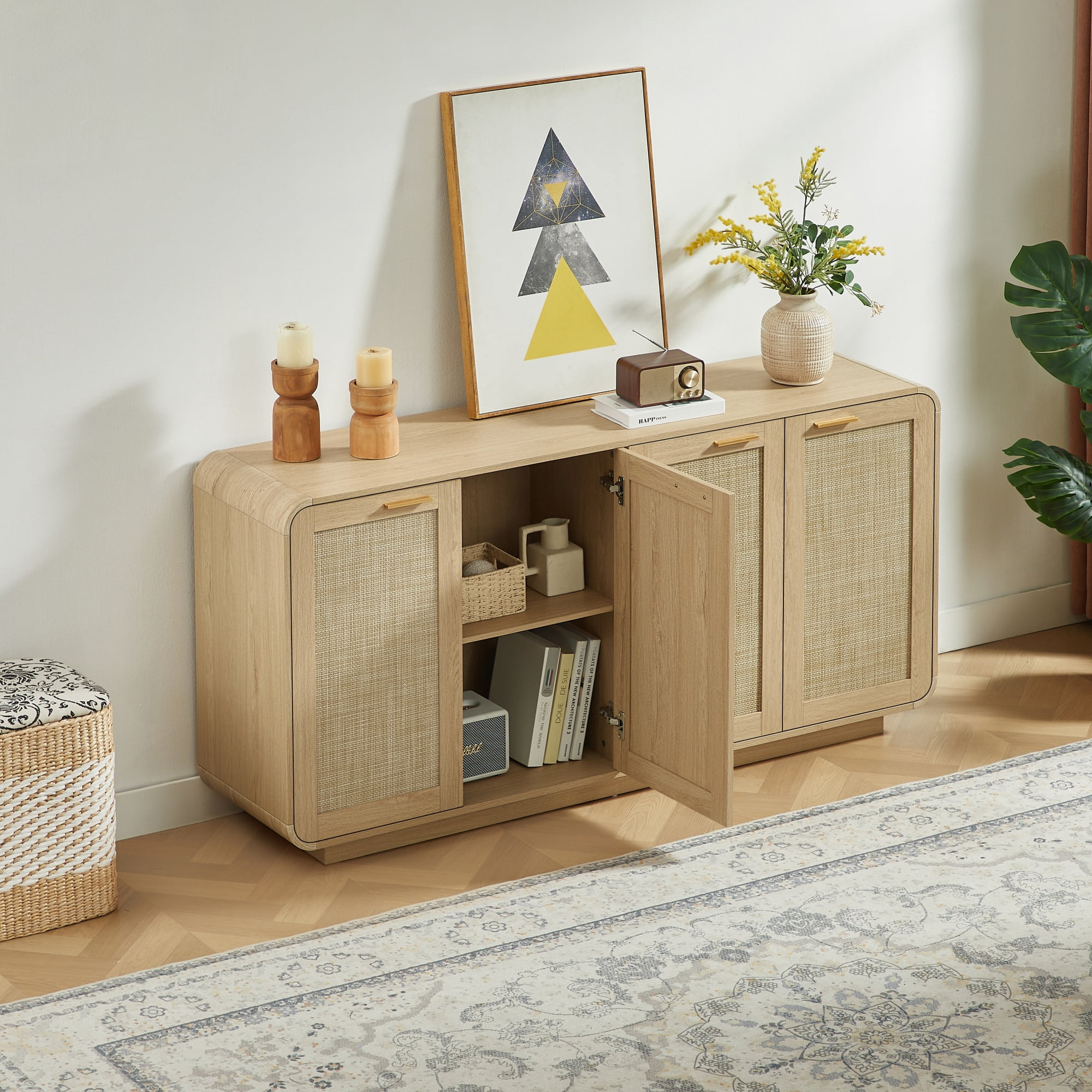 Sideboard Cabinet 64.6 Inch, Rattan Storage Buffet Cabinet with 4 Doors and Metal Handles, Woven Wood Storage for Living Room and Dining Room, Natural