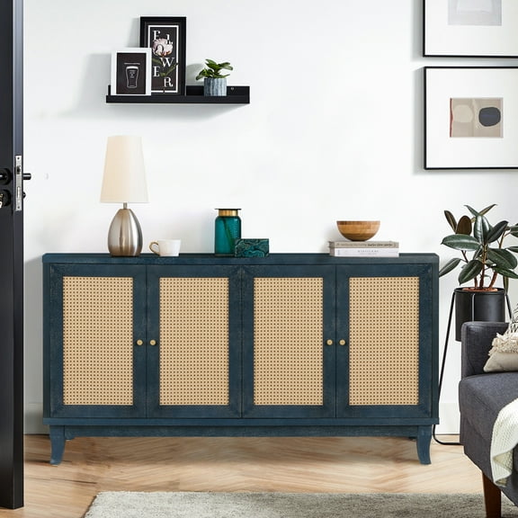 Sideboard Cabinet, Buffet Cabinet with Storage and 4 Rattan Doors, Built-in Adjustable Shelves, Rattan Storage Cabinet Cupboard Console Table for Living Room, Kitchen, Hallway, Entryway, Navy Blue