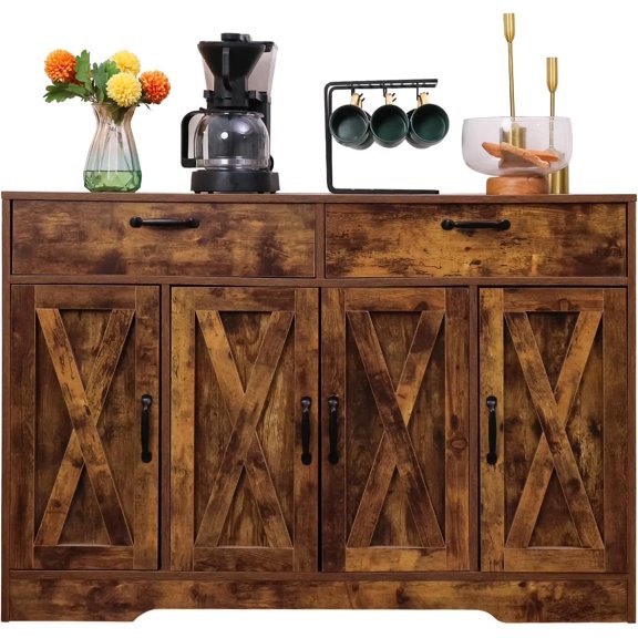 Sideboard Cabinet with Drawers, 47" W Sideboard Buffet Storage Cabinet with Storage for Kitchen, Farmhouse Coffee Bar Cabinets with Shlves and Doors Hallway, Brown