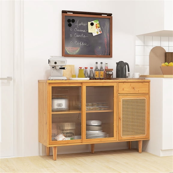Sideboard Cabinet Natural Bamboo Rattan Door Sliding Door Pull Out Drawer 5 Leg Rubber Wood Base Storage Organizer
