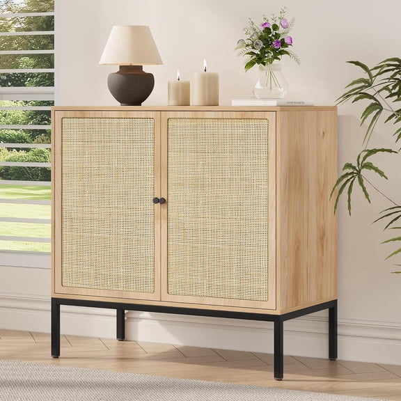 Sideboard Cabinet with Natural Rattan Decorated Doors, 31.5" Rattan Cabinet, Accent Buffet Console Storage Cane Credenza Cupboard, for Living Room Dining Room Entryway Kitchen, Metal Legs