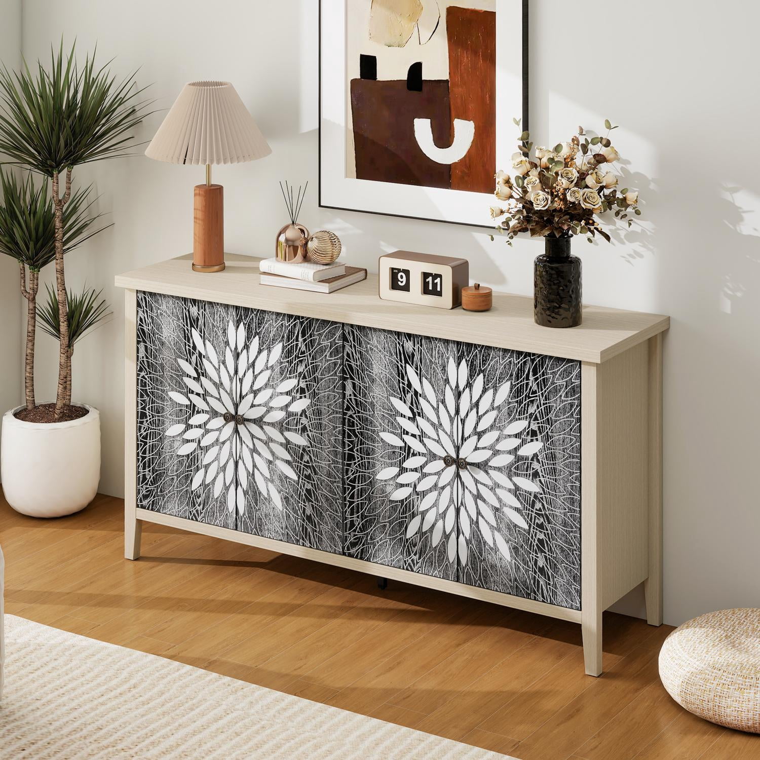 Sideboard Cabinet, Storage Cabinet, Buffet Cabinet with 4 Doors and Adjustable Shelves, Black Natural for Dining Room, Living Room, Kitchen