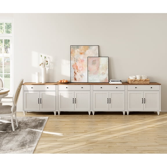 WAMPAT Large Buffet Cabinet, Modern Coffee Bar Table Wood Kitchen Storage Cabinets, Farmhouse Sideboard Credenza for Dining Room, Off White, 135"