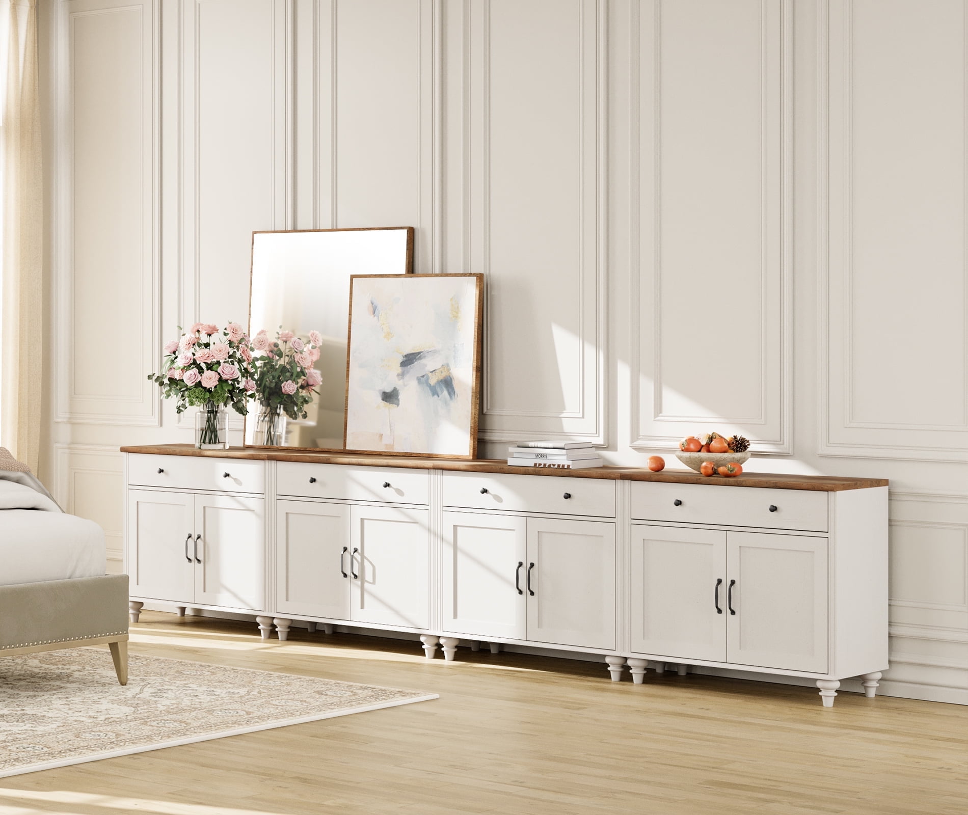 Off-White and Brown 136" Wood Buffet Cabinet with 8 Doors and 4 Drawers