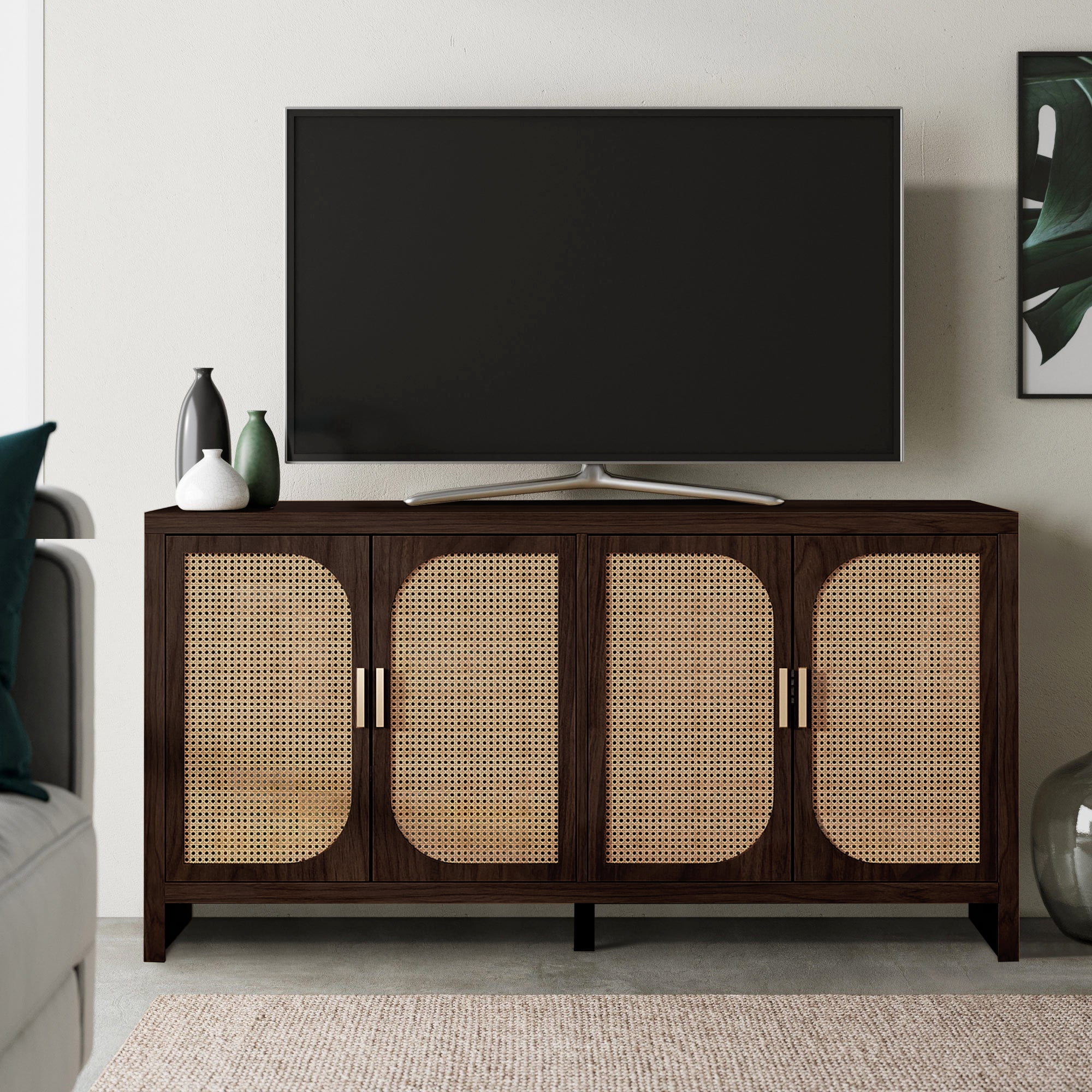 Sideboard Cabinet with 4doors, Buffet Cabinet, Rattan Cabinets with Storage, for Kitchen Living Room, Walnut