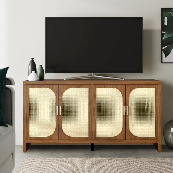 Sideboard Cabinet with 4doors, Buffet Cabinet, Rattan Cabinets with Storage, for Kitchen Living Room, Walnut