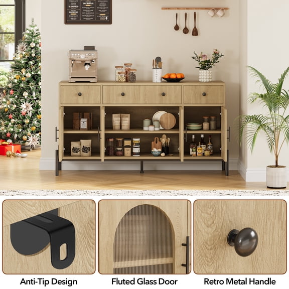 Sideboard Cabinet with Doors and Drawers, Wooden Buffet Cabinet and Coffee Bar Table, Suitable for Kitchen, Dining Room, Hallway, and Office