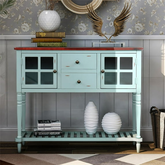 Sideboard Console Table with Bottom Shelf, Multi-function Console Table, Farmhouse Wood Glass Buffet Storage Cabinet Console Table for Entryway, Living Room (Retro Blue)
