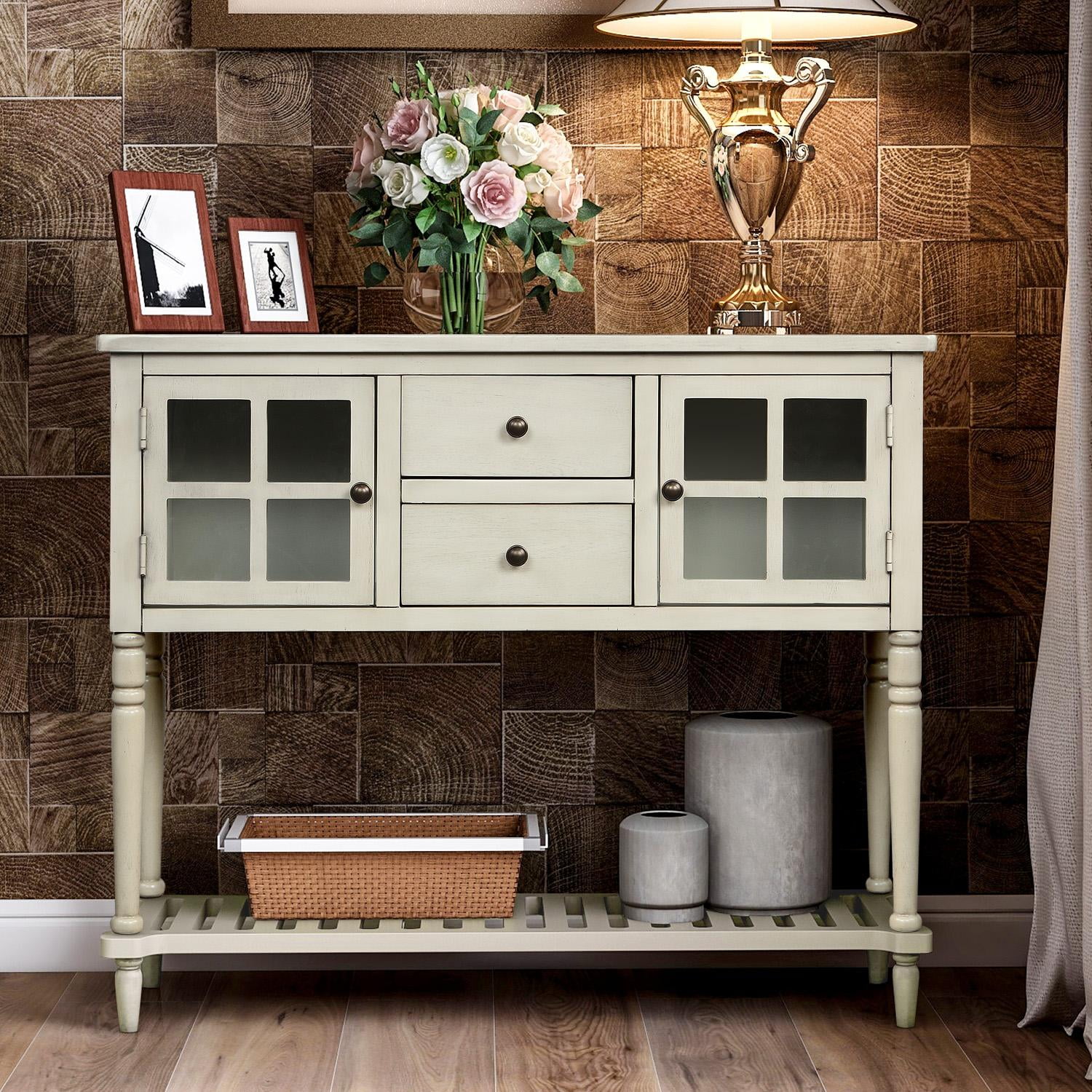 Antique Gray Wood Buffet Storage Cabinet with Glass Doors