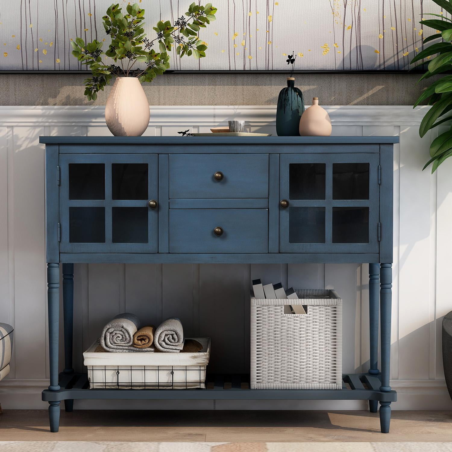 Sideboard Console Table with two Drawers and Bottom Shelf, Wood/Glass Storage Cabinet (Navy Blue)